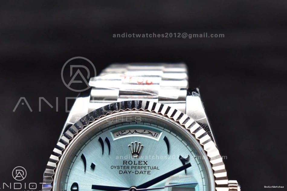 710 GMF Arabic A3255 Steel Dial Cozy Markers SS Blue V on DayDate President Bracelet 40 Iced 904L 1025
